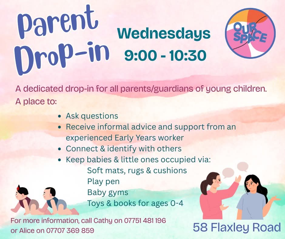 Poster for the Parent Drop-in at Our Space Selby. The background has soft pastel shades of pink, orange, and green with illustrations of parents and babies. Text reads: “Parent Drop-in, Wednesdays 9:00–10:30. A dedicated drop-in for all parents and guardians of young children. Ask questions, receive informal advice from an experienced Early Years worker, connect with others, and keep babies and little ones occupied with mats, toys, and books.” Contact details for Cathy and Alice are included, along with the Our Space logo and address, 58 Flaxley Road.